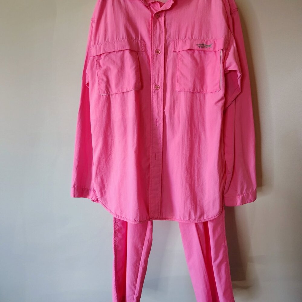 VINTAGE Simms Fishing Tarponwear Shirt Pants Suit Size Large Pink Made In USA